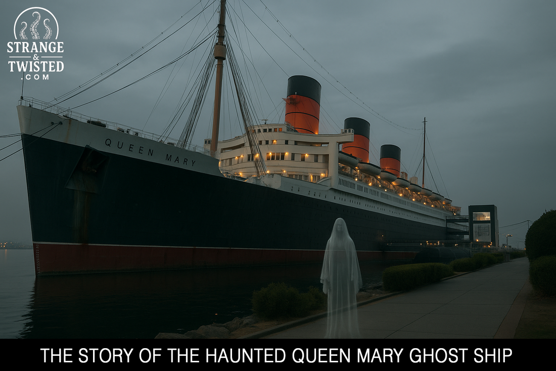 Queen Mary ghost ship at dusk with glowing lights and a ghostly figure on the walkway. By Strange & Twisted