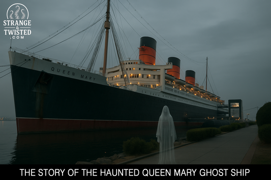 Queen Mary ghost ship at dusk with glowing lights and a ghostly figure on the walkway. By Strange & Twisted