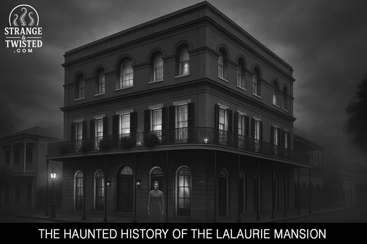 LaLaurie Mansion at night with glowing windows and a ghostly figure outside. By Strange & Twisted