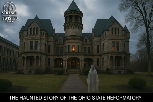 Haunted Ohio State Reformatory with a ghostly figure on the front path. By Strange & Twisted