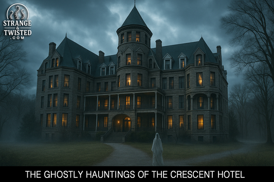 Photorealistic spooky view of the haunted Crescent Hotel with a ghostly figure in front. By Strange & Twisted
