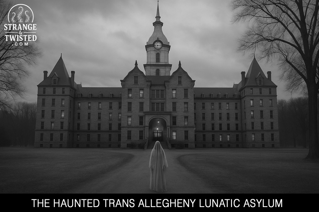 Creepy photorealistic image of the haunted Trans Allegheny Lunatic Asylum with a ghostly figure on the walkway. By Strange & Twisted