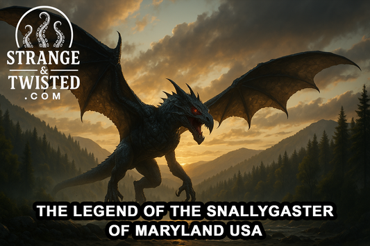 Ultra HD photorealistic image of the Snallygaster soaring over the Appalachian Mountains at dawn, with glowing red eyes, metallic scales, and vast wings illuminated by sunrise. By Strange & Twisted