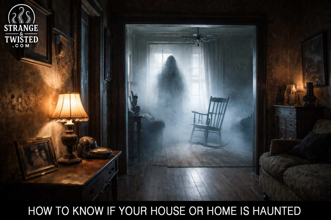 Haunted house interior with ghostly apparition and paranormal activity, the Strange & Twisted guide on how to know if your house or home is haunted.