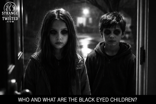 Black and white horror image of two black eyed children standing silently at a front door at night.