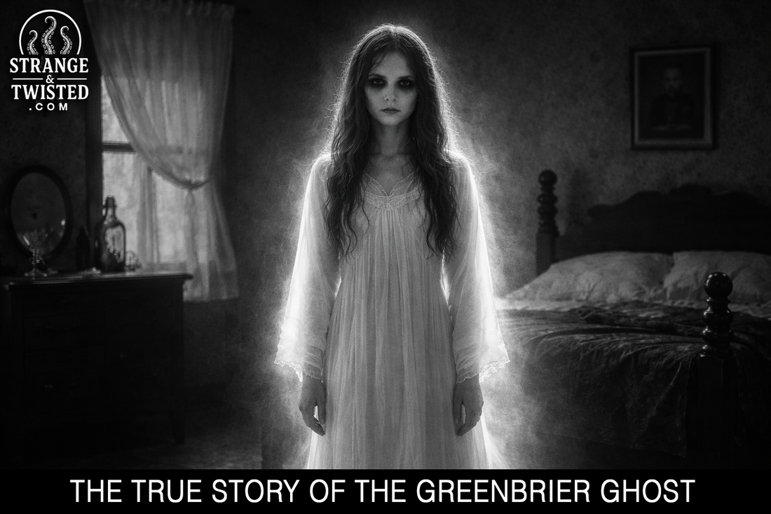 Black and white image of the Greenbrier Ghost, a glowing female apparition standing in a dark bedroom, Strange and Twisted