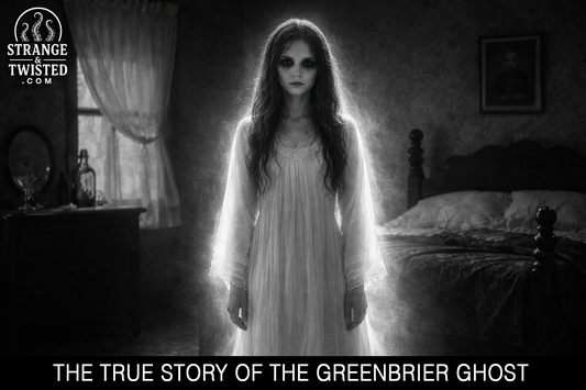 Black and white image of the Greenbrier Ghost, a glowing female apparition standing in a dark bedroom, Strange and Twisted