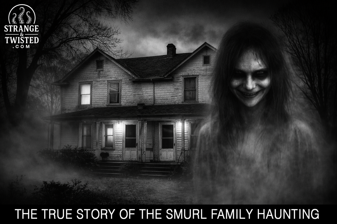 Black and white image of the Smurl Haunting house with a sinister ghostly figure, Strange and Twisted