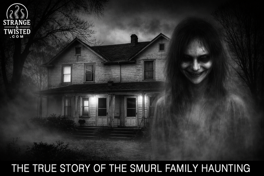 Black and white image of the Smurl Haunting house with a sinister ghostly figure, Strange and Twisted