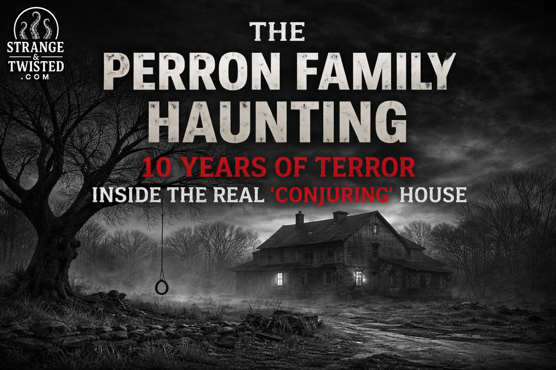 Black and white image of the Perron family farmhouse at night, shrouded in fog, Strange and Twisted