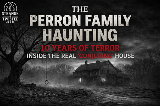 Black and white image of the Perron family farmhouse at night, shrouded in fog, Strange and Twisted