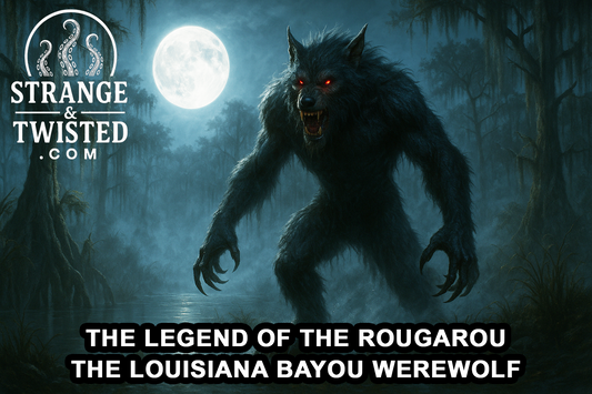 Ultra HD photorealistic image of the Rougarou emerging from a misty Louisiana bayou under the full moon, with glowing red eyes, dark wet fur, and fog rolling across the swamp. By Strange & Twisted