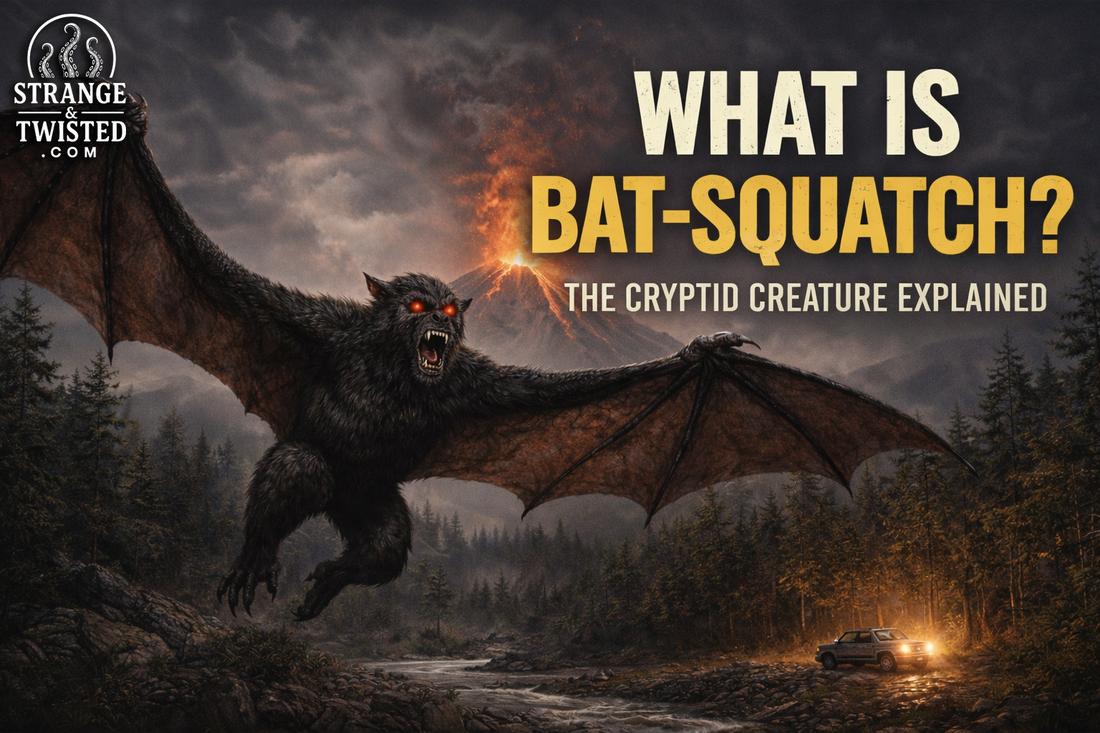 Illustration of Bat-Squatch, a winged cryptid, flying above a forest with Mount St. Helens erupting in the background