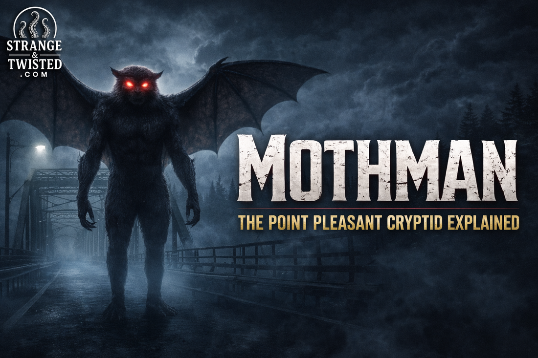 Realistic illustration showing Mothman, the Point Pleasant cryptid, standing on a dark steel bridge at night with large bat-like wings, glowing red eyes, and heavy mist surrounding the scene