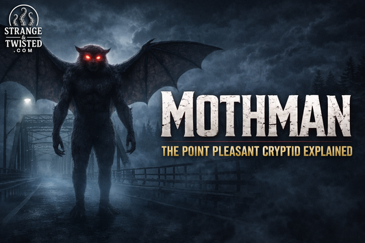 Realistic illustration showing Mothman, the Point Pleasant cryptid, standing on a dark steel bridge at night with large bat-like wings, glowing red eyes, and heavy mist surrounding the scene
