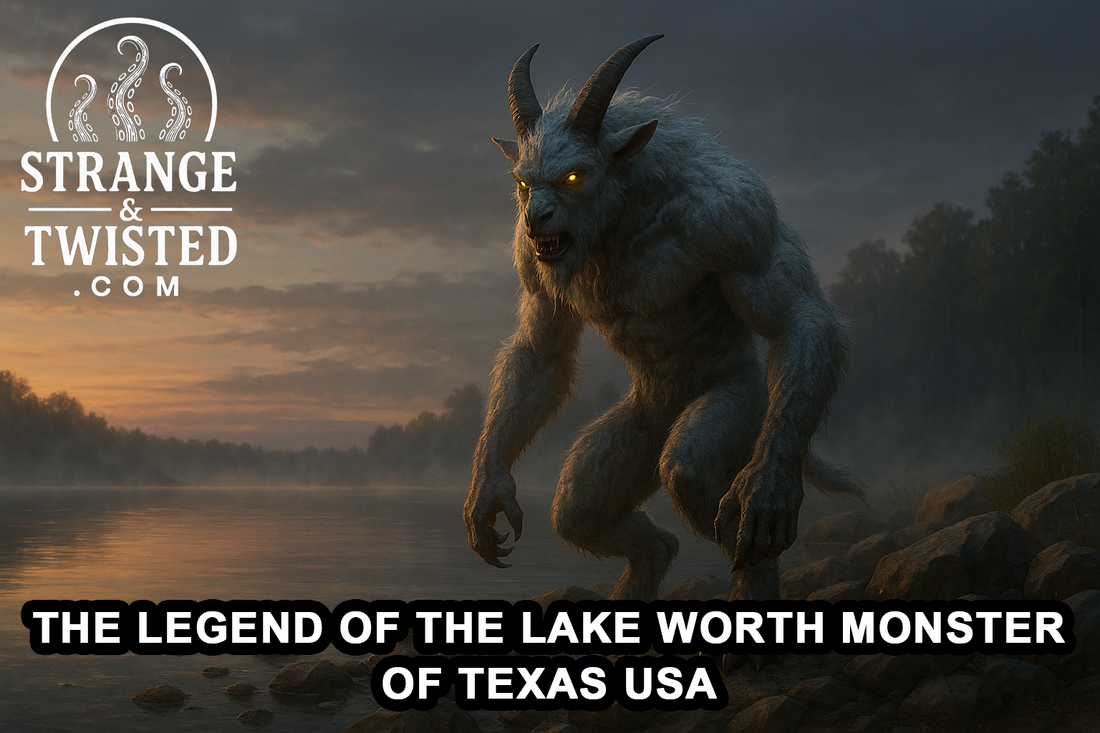 Ultra HD photorealistic image of the Lake Worth Monster standing on a rocky Texas lakeshore at dusk, with glowing yellow eyes, white-gray fur, and mist drifting above the water. By Strange & Twisted
