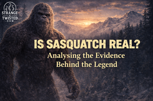 Illustration of Sasquatch in a remote mountain forest exploring the legend of Bigfoot. By Strange & Twisted