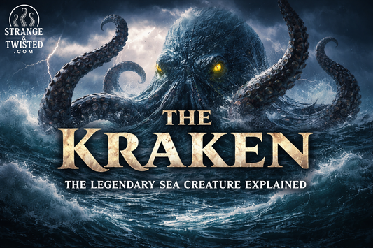 Cinematic illustration of the legendary Kraken emerging from dark ocean waves at night, glowing eyes and tentacles thrashing as lightning strikes