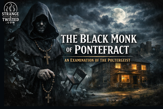 Cinematic horror style image depicting the Black Monk of Pontefract, a shadowy monk figure linked to the Pontefract poltergeist and historic paranormal investigations