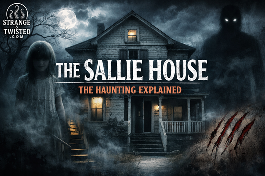 Creepy landscape banner image depicting the Sallie House haunted location, with moonlit clouds, paranormal figures, ghost child symbolism.