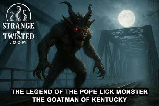 Ultra HD photorealistic landscape image of the Pope Lick Monster standing menacingly on a foggy Kentucky railroad bridge under the full moon, with glowing red eyes, horns, and clawed hands illuminated by pale light. By Strange & Twisted