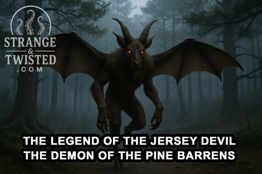 Ultra HD photorealistic image of the Jersey Devil flying through a misty Pine Barrens forest, with glowing red eyes, leathery wings, and hooved legs illuminated by soft moonlight and fog. By Strange & Twisted