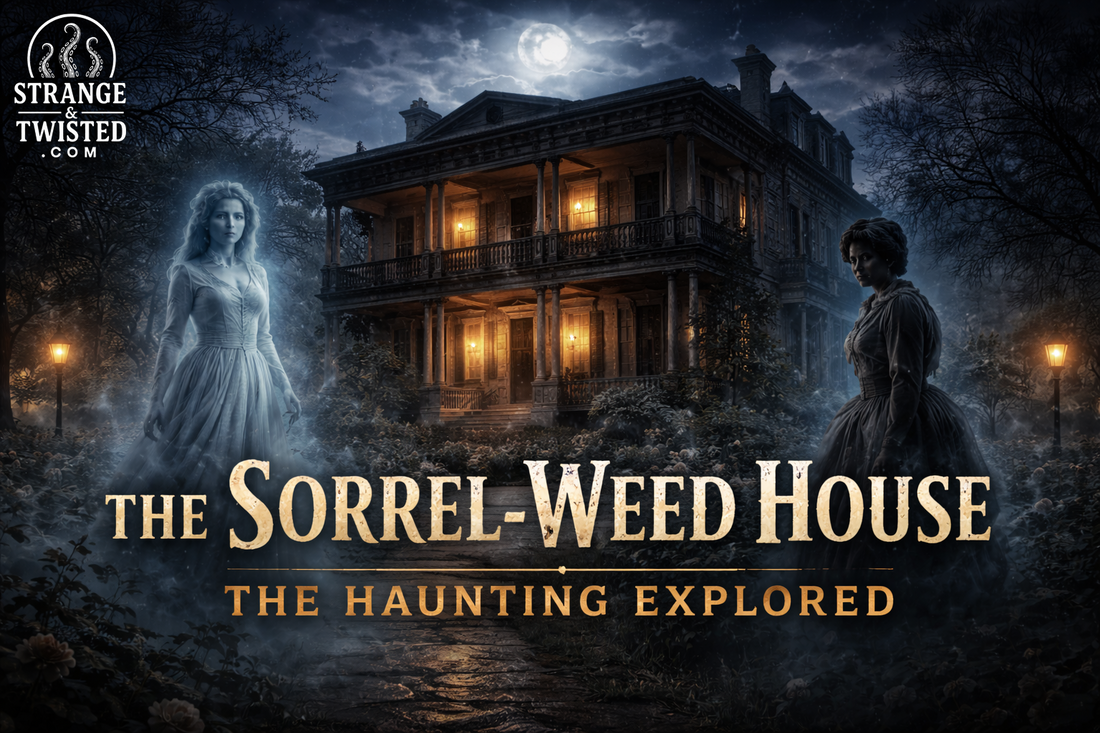 Atmospheric haunted house artwork featuring the Sorrel-Weed House with glowing windows, moonlit sky, and apparitions representing Lucinda Sorrel and the enslaved girl known as Molly.