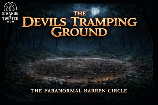 Nighttime illustration of the Devil’s Tramping Ground in North Carolina, featuring a lifeless dirt circle with no vegetation, misty forest surroundings, and eerie moonlight for a paranormal folklore blog.