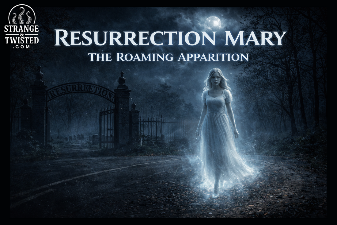 Ghostly figure of Resurrection Mary drifting through the night near Resurrection Cemetery.