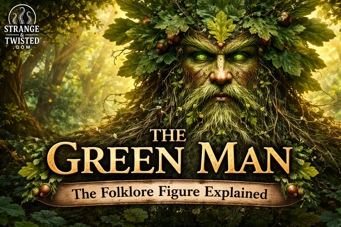 High detail fantasy artwork of the Green Man from folklore, showing a face made of foliage and branches in a sunlit forest, with The Green Man The Folklore Figure Explained text.