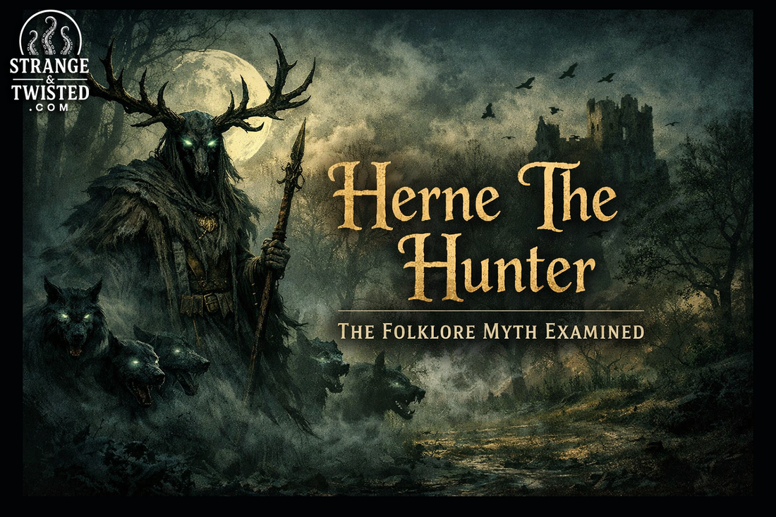 Mythical depiction of Herne the Hunter from English folklore, featuring a horned ghostly figure and the Wild Hunt in a moonlit forest.