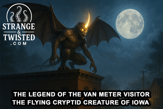 Ultra HD photorealistic landscape image of the Van Meter Visitor perched on a brick rooftop in early morning mist, glowing horn blazing as the first light of dawn reveals its leathery wings over a quiet Iowa town. By Strange & Twisted