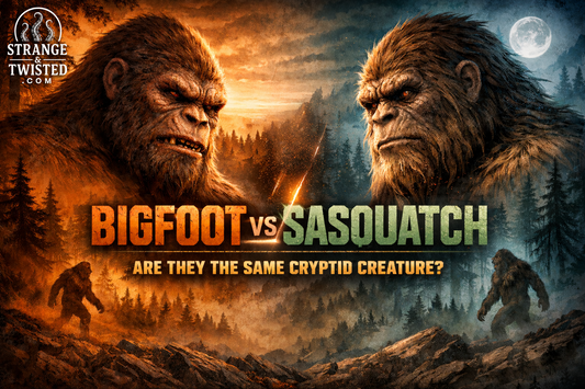 Dramatic illustration showing Bigfoot and Sasquatch facing each other in a forest, questioning whether they are the same cryptid creature