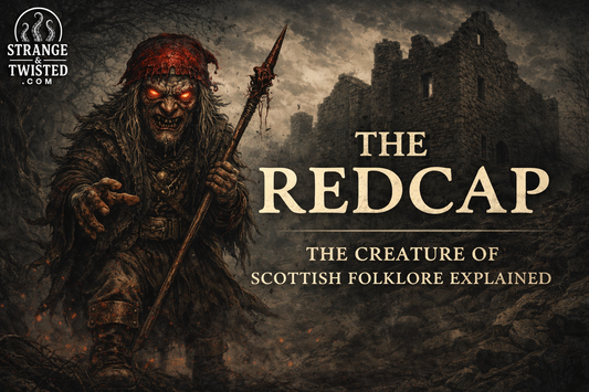 Horror inspired depiction of the Redcap, a mythological goblin from Scottish folklore, standing among crumbling castle ruins.