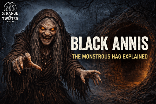 Dark fantasy artwork of Black Annis showing an aged, sinister hag in a nighttime forest setting, accompanying the legend of Black Annis explained.