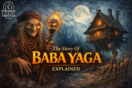 Eastern European folklore artwork of Baba Yaga with glowing eyes and skull staff, surrounded by a haunted forest and her moving hut, featuring the title The Story Of Baba Yaga Explained