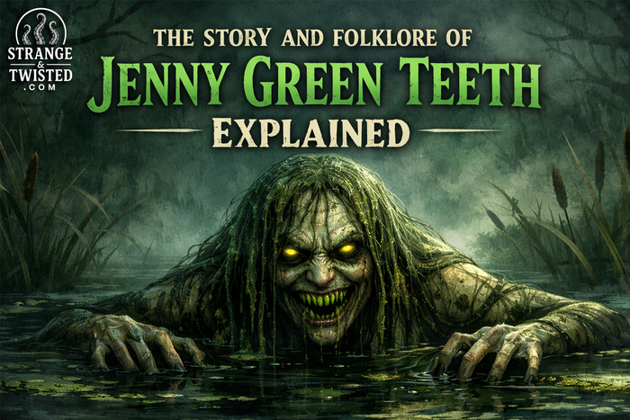 Jenny Green Teeth emerging from dark swamp water with glowing green teeth beneath misty trees
