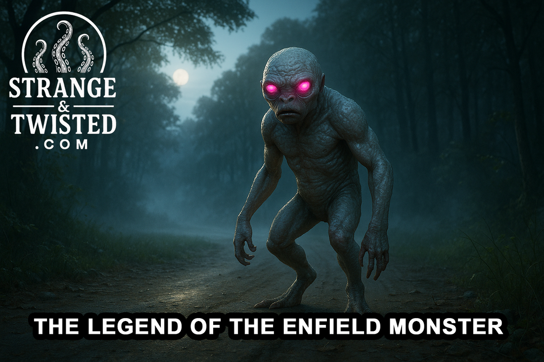Ultra HD photorealistic landscape image of the Enfield Horror crouched on a misty dirt road in early morning light, glowing pink eyes shining through fog, with pale scaly skin and eerie forest shadows behind. By Strange & Twisted