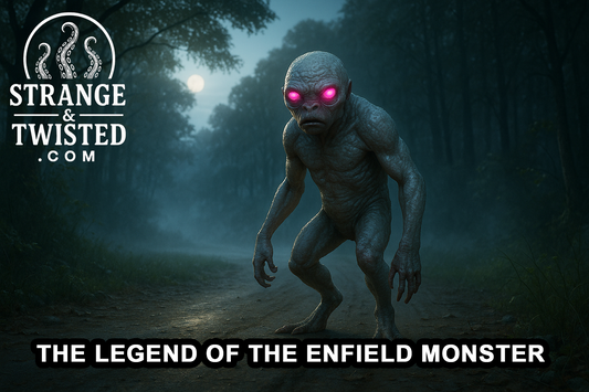 Ultra HD photorealistic landscape image of the Enfield Horror crouched on a misty dirt road in early morning light, glowing pink eyes shining through fog, with pale scaly skin and eerie forest shadows behind. By Strange & Twisted