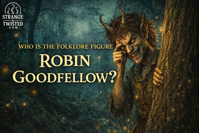 Robin Goodfellow folklore figure peeking from behind a tree in a dark enchanted forest