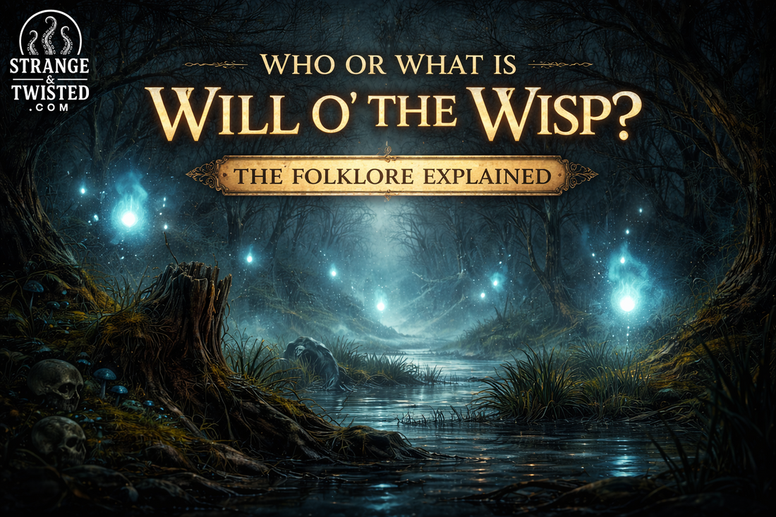 Will o the wisp glowing over a dark swamp at night in English folklore