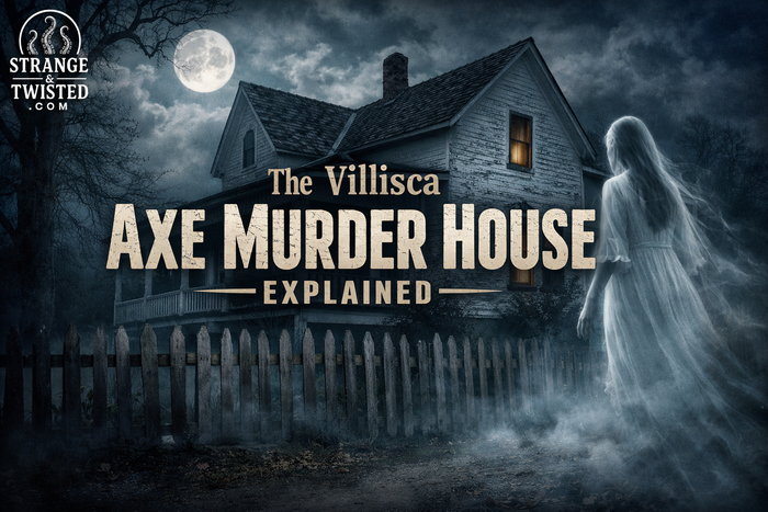 Moonlit view of the Villisca Axe Murder House with a ghostly figure in the foreground, illustrating the history and legend behind the 1912 Iowa crime.
