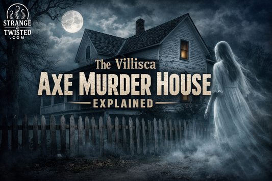 Moonlit view of the Villisca Axe Murder House with a ghostly figure in the foreground, illustrating the history and legend behind the 1912 Iowa crime.