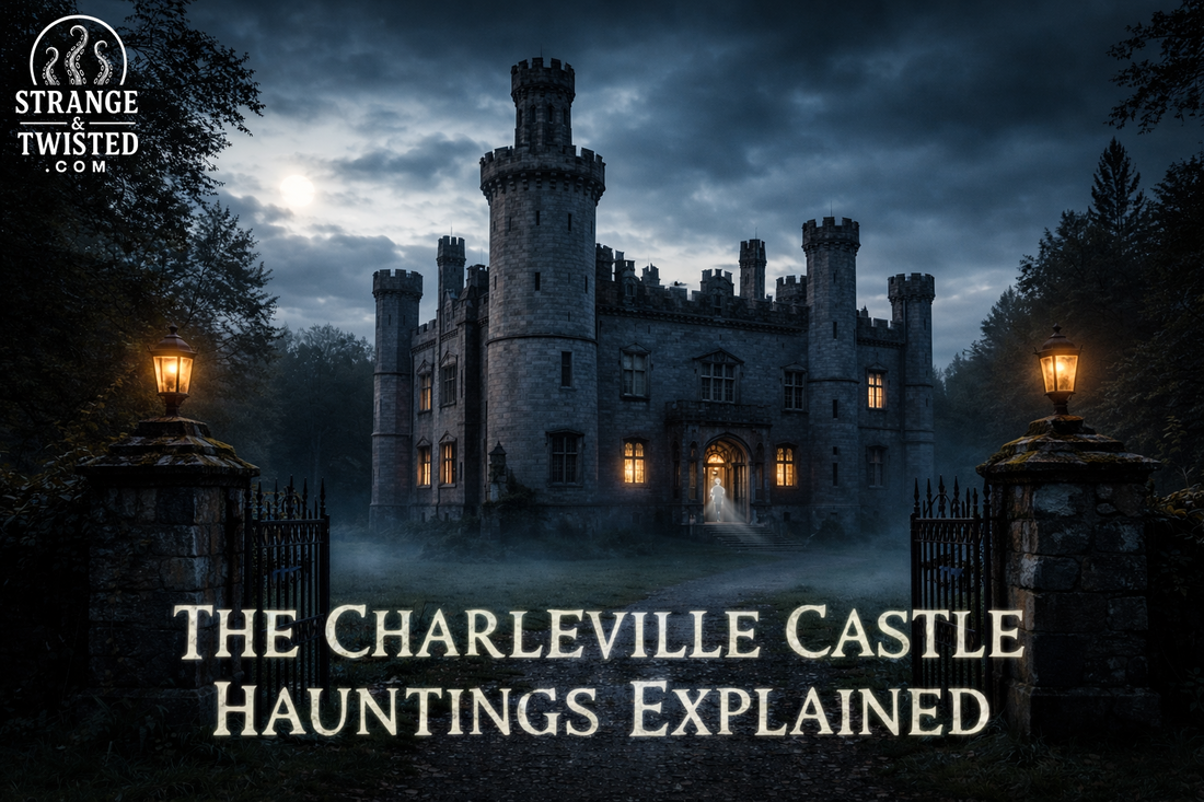 Exterior of Charleville Castle at night with illuminated windows and atmospheric mist, featuring text introducing an investigation into the castle’s haunting legends.