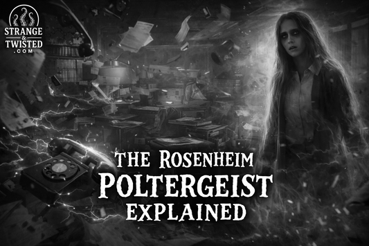 Stylised interior scene referencing the Rosenheim Poltergeist legend, featuring a translucent figure and unexplained office disturbances.