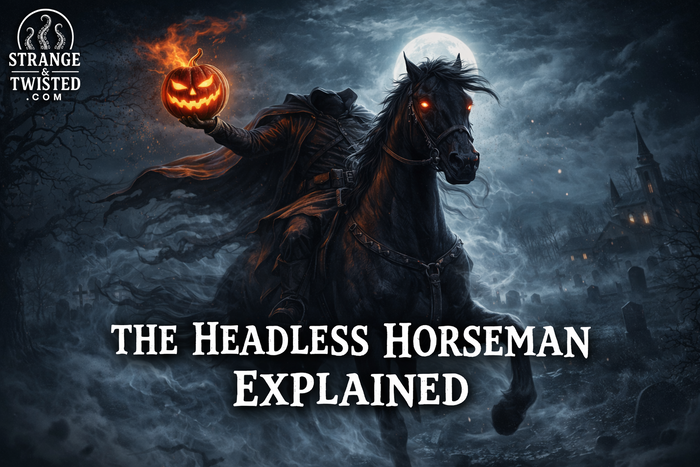 Headless Horseman riding through a foggy night while holding a flaming pumpkin, illustrating the legend explained in American folklore.