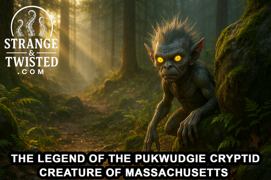 Ultra HD photorealistic landscape image of a Pukwudgie crouched behind mossy rocks in a misty New England forest at dawn, glowing yellow eyes illuminated by shafts of morning light through pine trees. By Strange & Twisted