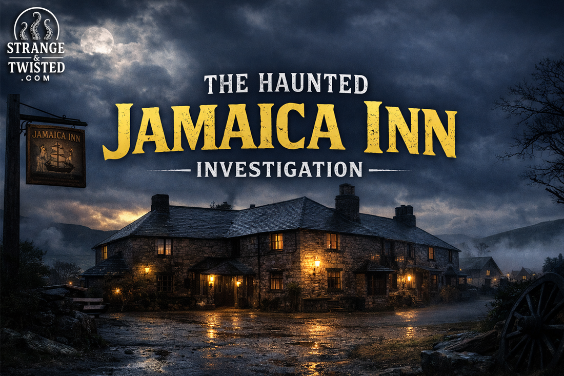 Exterior of the Jamaica Inn Cornwall illuminated after dark, atmospheric Bodmin Moor setting associated with smugglers, folklore, and long standing reports of paranormal activity.