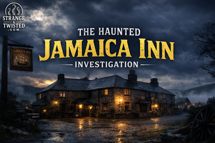 Exterior of the Jamaica Inn Cornwall illuminated after dark, atmospheric Bodmin Moor setting associated with smugglers, folklore, and long standing reports of paranormal activity.