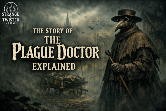 Plague Doctor standing in a foggy medieval village with beaked mask and gothic text reading The Story of the Plague Doctor Explained
